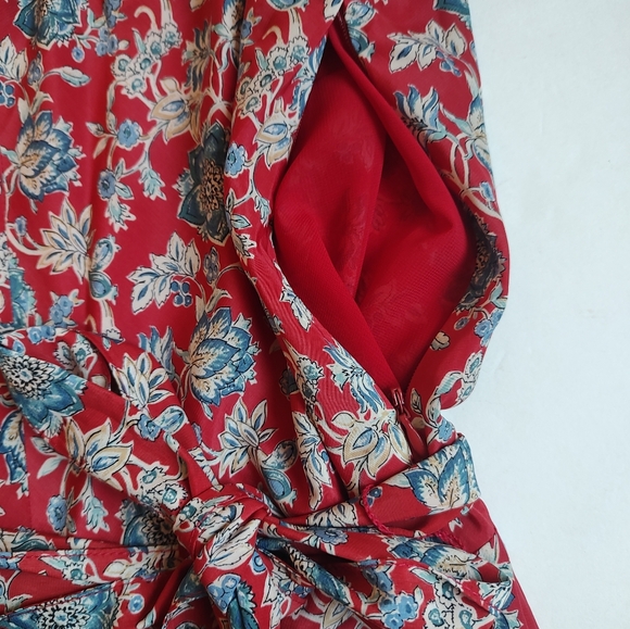 Ralph Lauren Floral Midi Dress Belt Red Blue Lined Fit Flare V Neck NWOT 10 - Picture 12 of 16